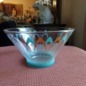 Vintage* 60s Atomic Age Turquoise & Gold Glass Chip Bowl